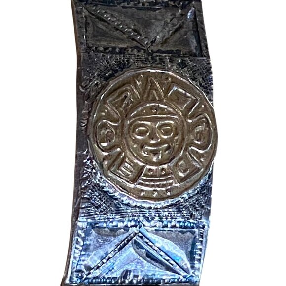 Vintage Mexican Sterling Silver & Gold Accented Panel Bracelet - Picture 12 of 16